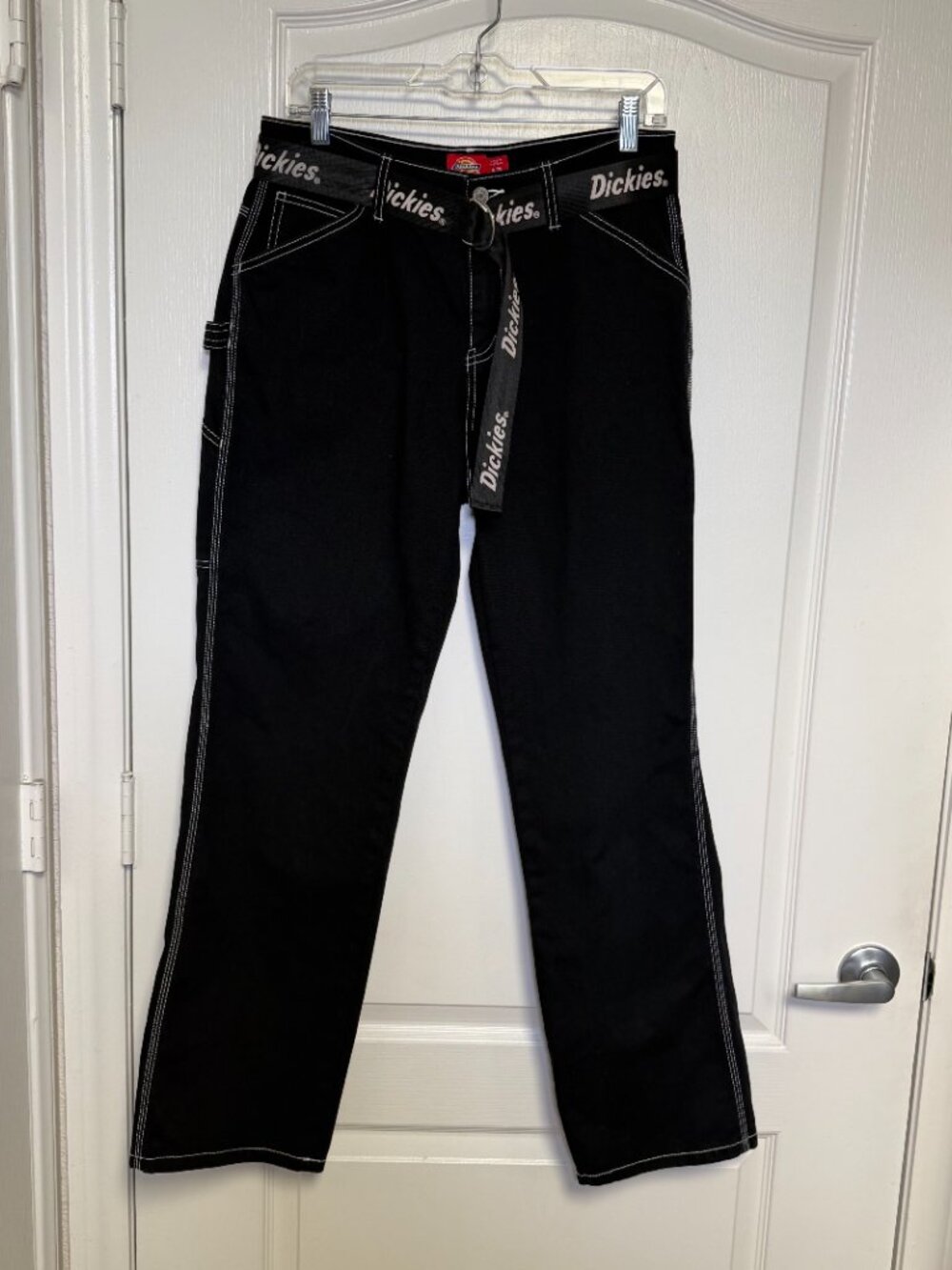 Dickies Black Carpenter Pants White Contrast Stitching Logo Belt Size 9/29